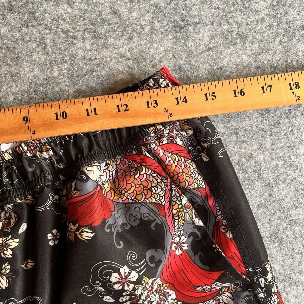 Absent Swim Shorts Mens Large Black Lined Japanese Koi Peonies Drawstring Pocket